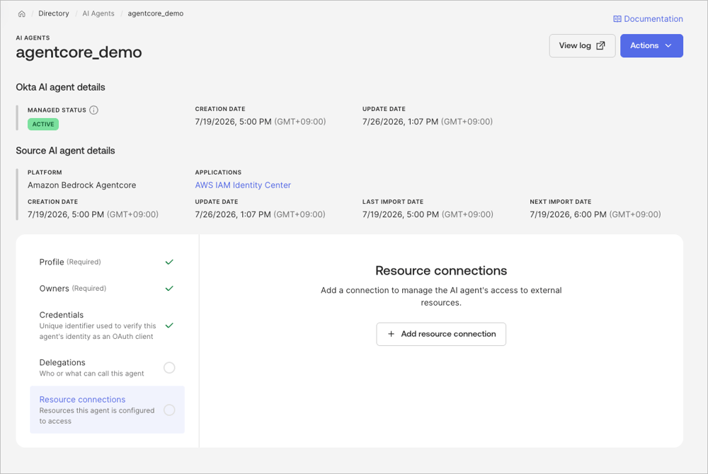 Okta AI Agent の Resource connections 画面でエージェントに接続するリソースを追加する準備を示す画面