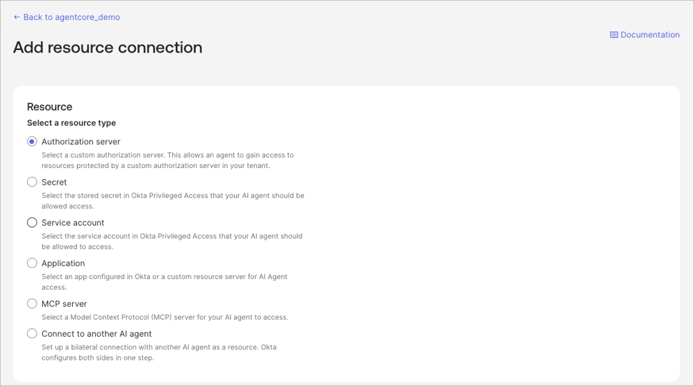 Okta AI Agent の Resource connections で Resource type に Authorization Server を選択する画面