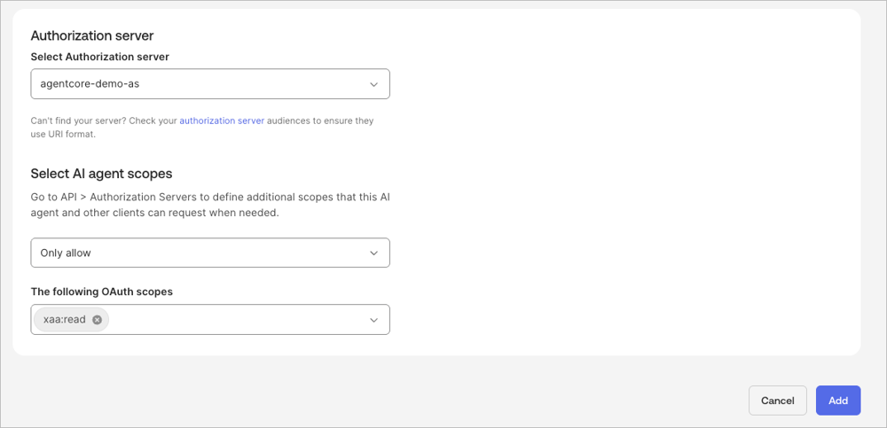 Okta AI Agent の Resource connections で対象の Custom Authorization Server とスコープ xaa:read を選択して追加する画面