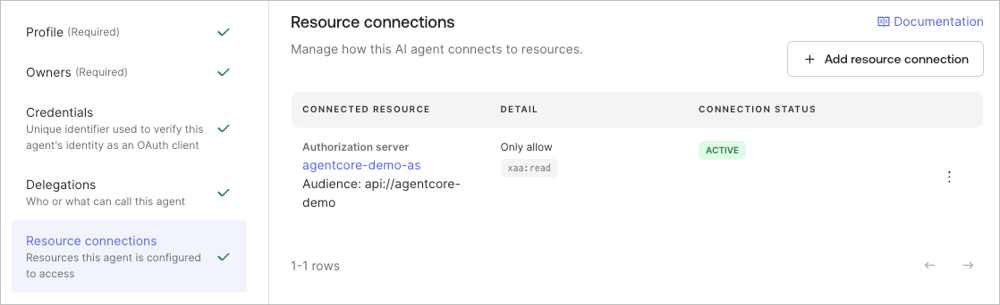 Okta AI Agent の Resource connections に Custom Authorization Server が ACTIVE 状態で追加されたことを示す画面