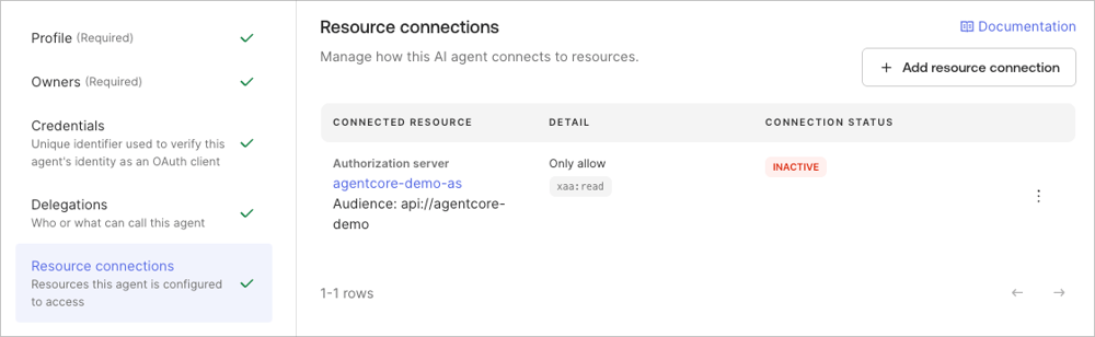 Okta AI Agent の Resource connections で Custom Authorization Server を Deactivate する操作を示す画面