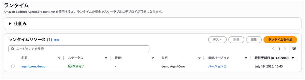 Amazon Bedrock AgentCore Runtime のエージェント詳細画面で、検証用エージェントが準備完了状態で作成されていることを示すスクリーンショット