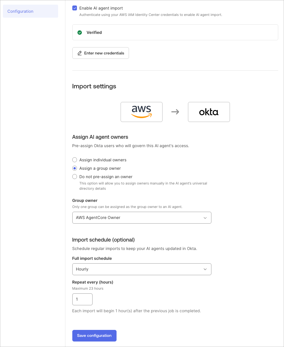 Okta Admin Console の AI Agent Import 設定画面で、API 認証情報の検証後に所有者グループと定期インポート間隔を設定するスクリーンショット