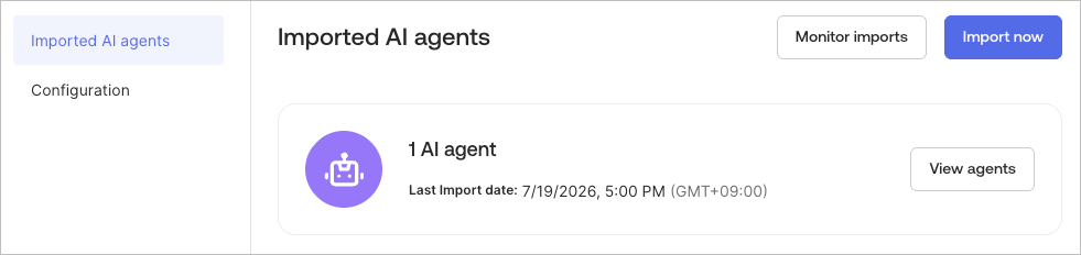 Okta Admin Console の AI Agent Import 画面で、定期インポート後に 1 件の AI エージェントが検出されたことを示すスクリーンショット