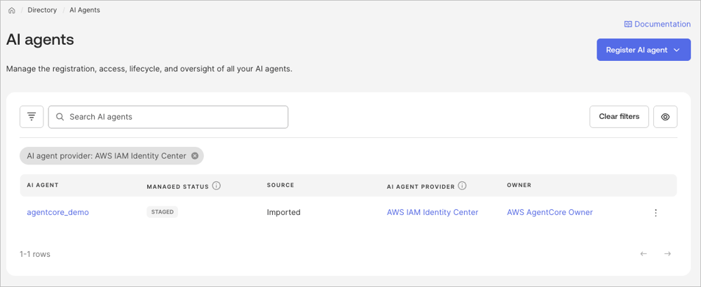 Okta Admin Console の AI エージェント一覧画面で、AgentCore からインポートされたランタイム名が表示されているスクリーンショット