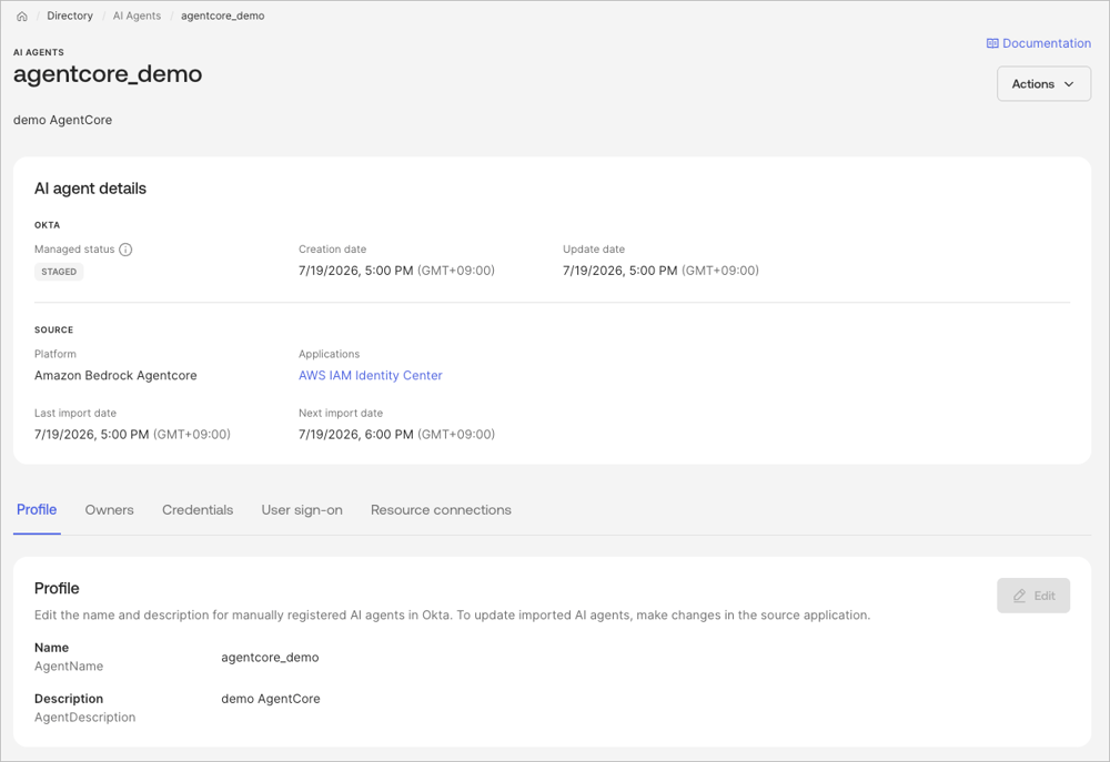 Okta Admin Console の AI エージェント詳細画面で、インポートされたエージェントのステータスや基本情報を確認しているスクリーンショット