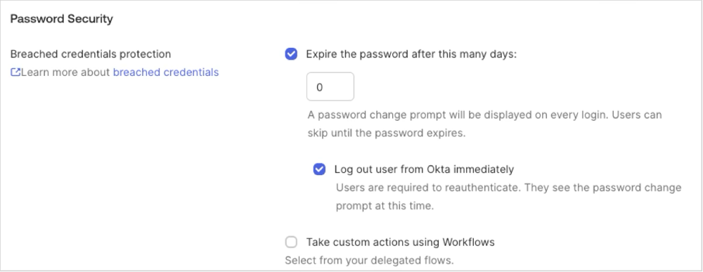 Okta管理画面でBreached credentials protectionを設定している画面です。