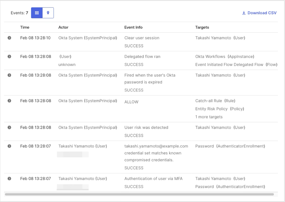 Okta System logの画面です。