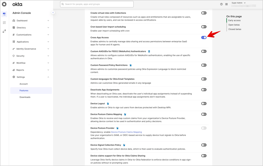 Early Access からCross App Accessを有効化しています。