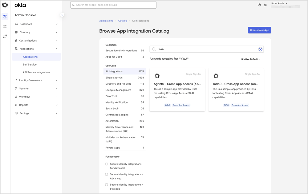 サンプル用Cross App AccessアプリをOINで検索している画面です。