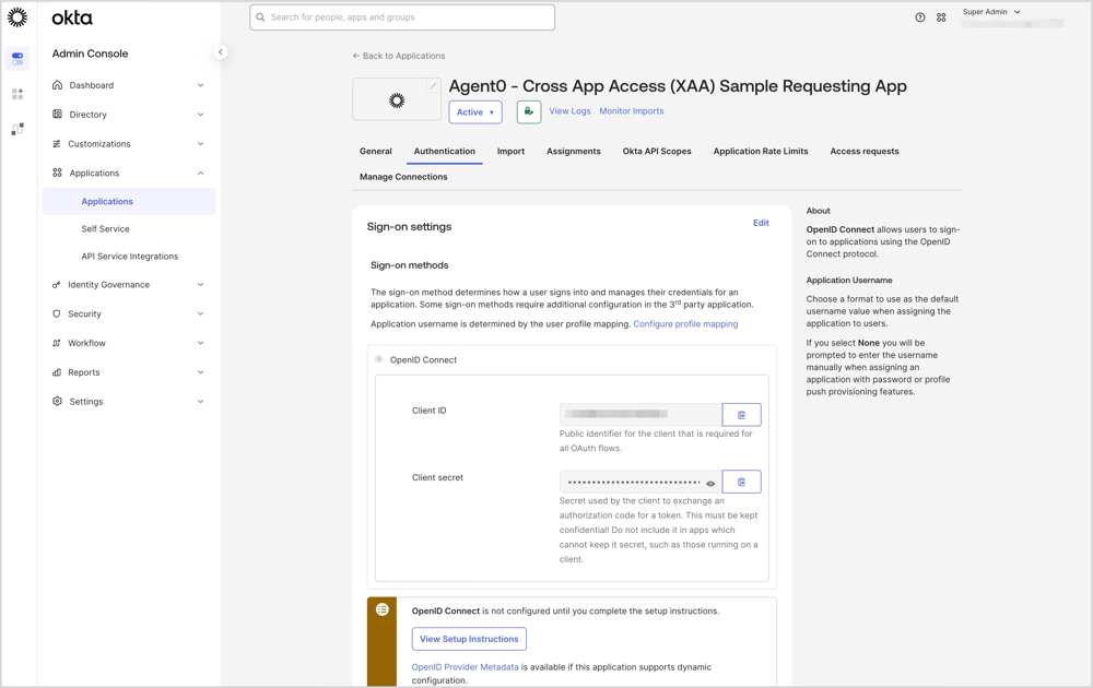 サンプルAIエージェントアプリのOpenID Connectの設定画面です。
