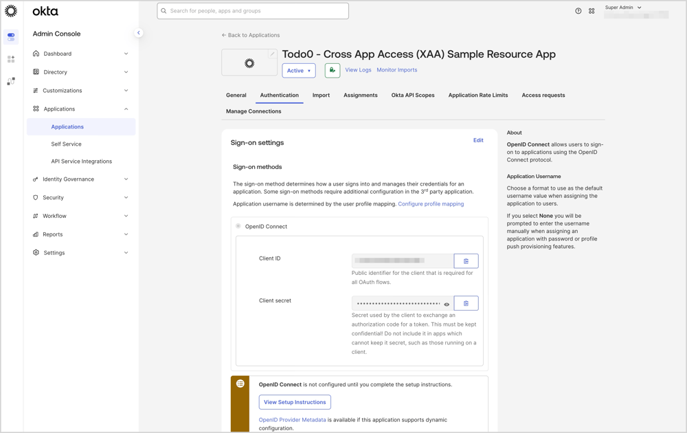 サンプルTodoアプリのOpenID Connectの設定画面です。
