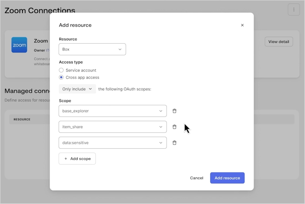 Oktaが提供するCross App Access紹介ページ内の動画でScopeを設定しているイメージのスクリーンショットです。