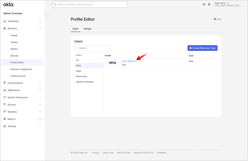 Profile Editor画面でOktaのUser(default)を表示している画面です。