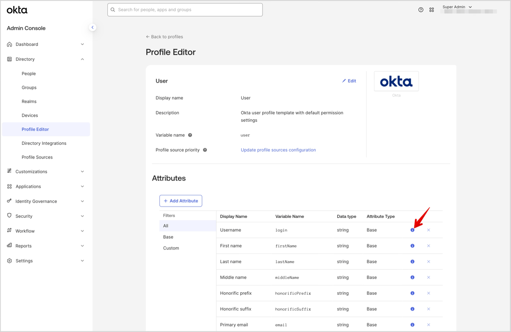 OktaのUser(default)プロファイルを表示している画面です。