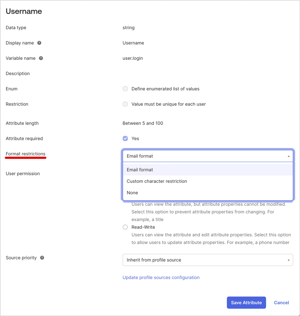 属性Usernameの詳細を表示している画面です。