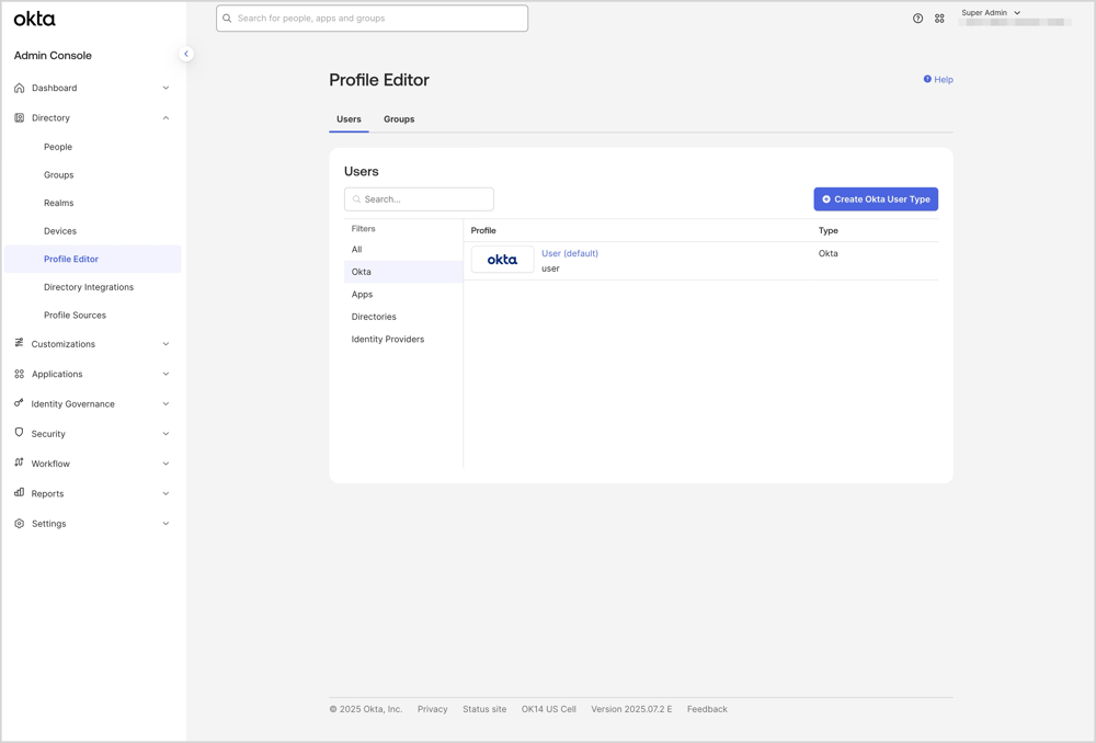 Okta管理画面でProfile Editorを開いています。