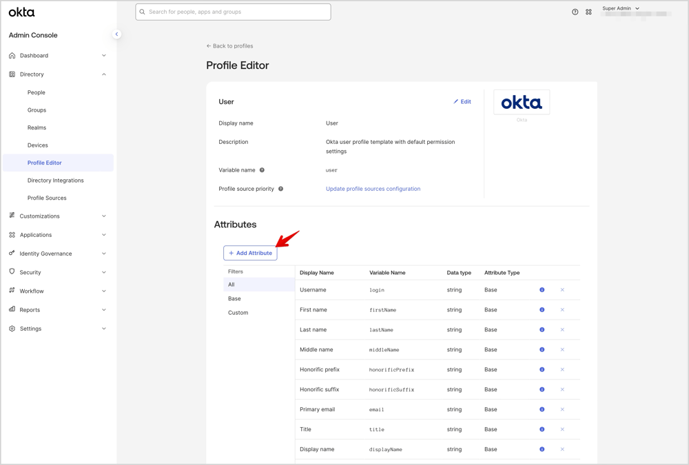 OktaのUser(default)プロファイルを表示しています。