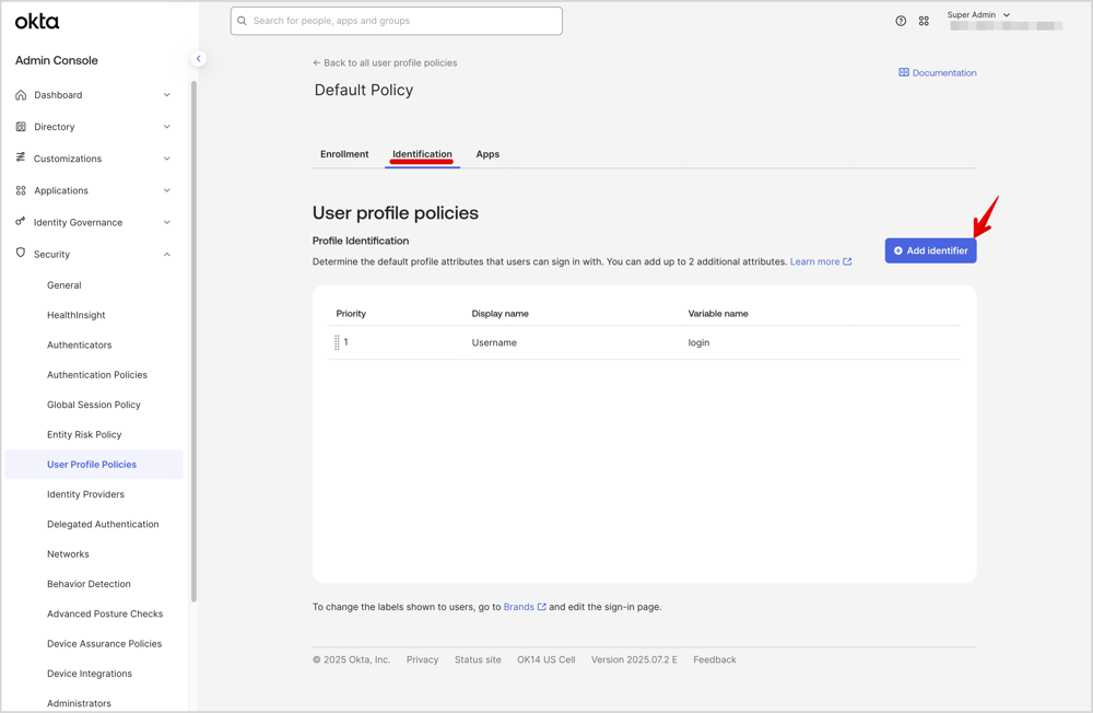 Identificationタブを表示しています。