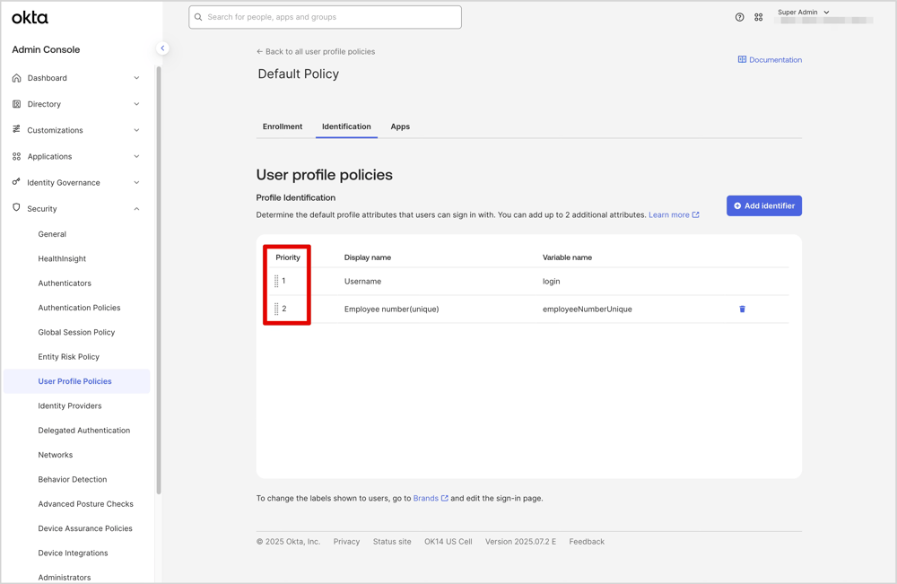 User profile policiesの画面でPriorityに注目している画面です。