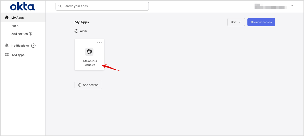 承認者のOktaダッシュボード画面でOkta Access Requestsが表示されている画面です。