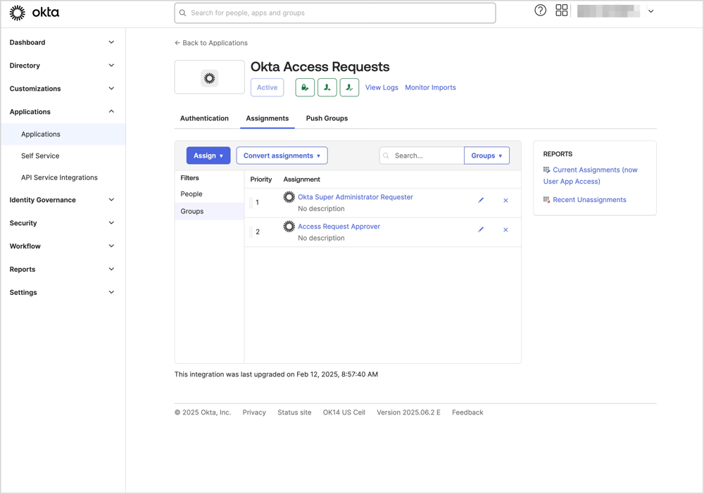 Okta Access RequestsアプリのAssignmentsが表示されています。