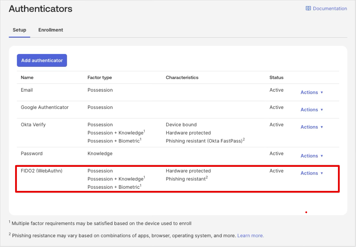 Authenticatorsの一覧画面です。