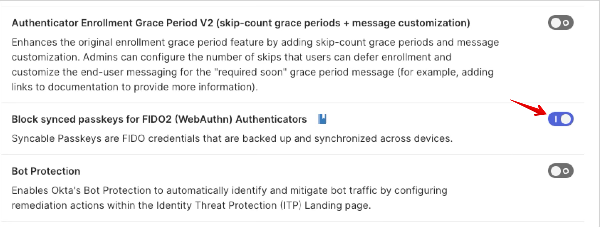 Early Acess画面でPasskeyをブロックするオプションを有効にしている画面です。