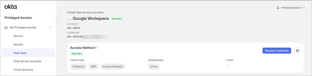 Okta Privileged Access画面でGoogle Workspace特権アカウントをリクエストする画面  