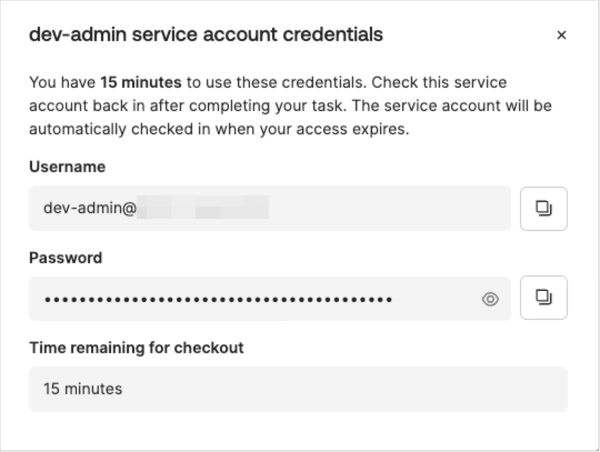 「Show credentials」でGoogle Workspace特権アカウントの認証情報を表示している画面