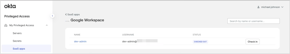 特権アカウント利用中に「Check in」ボタンが表示されている画面