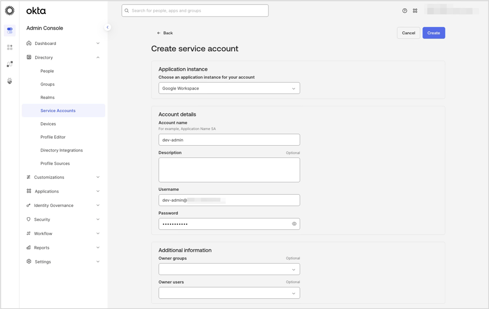 Okta Admin Consoleの「Service accounts」でGoogle Workspaceアカウント特権アカウントを作成する画面