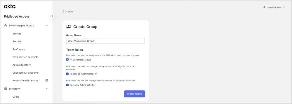 Okta Privileged AccessのGroup作成画面(Team Rolesを設定している画面)