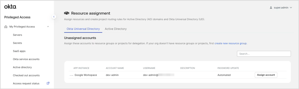 Resource assignmentでUnassigned accountsとしてGoogle Workspaceアカウントが表示されている画面