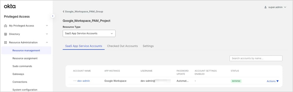 Resource ManagementでSaaS App Service AccountsとしてGoogle Workspaceアカウントが表示されている画面