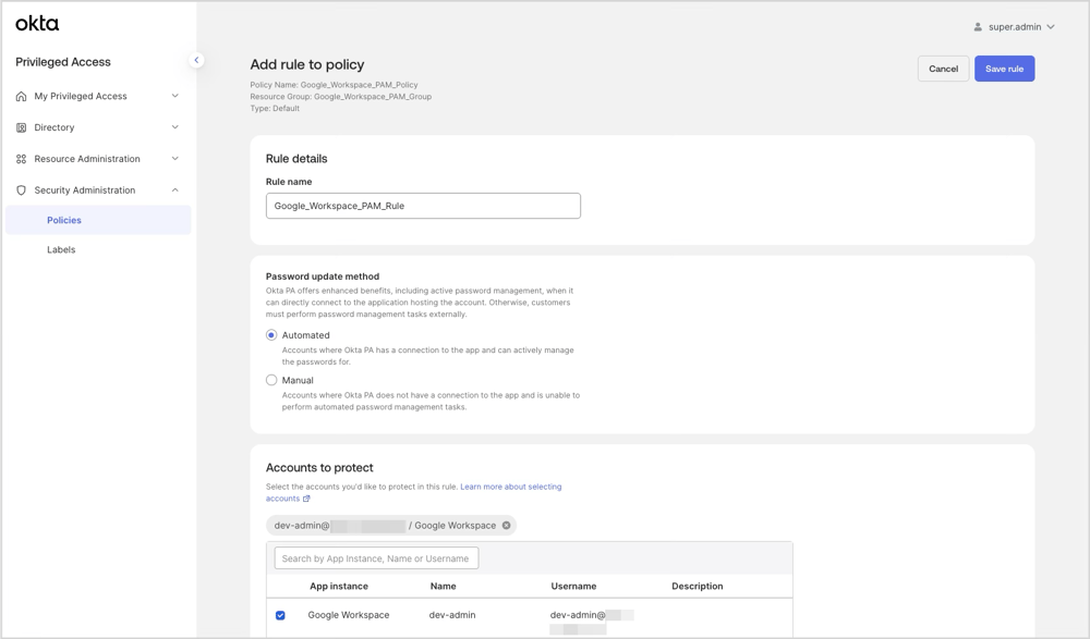SaaS App Service Account RuleのRule nameとPassword update methodを設定する画面