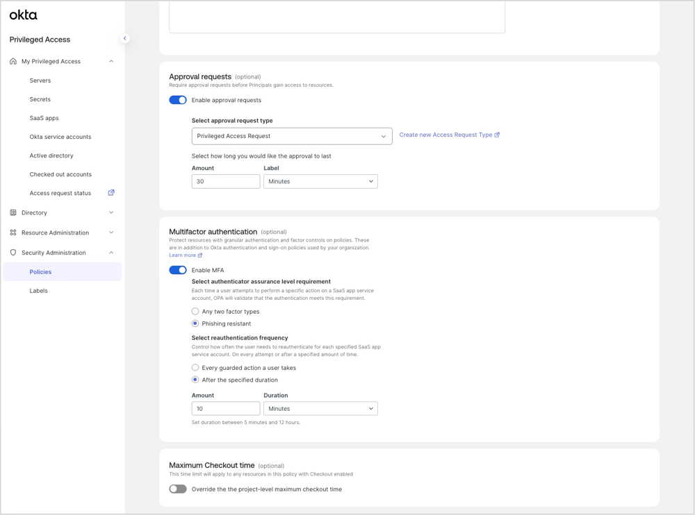 Approval requests・Multifactor authentication・Maximum Checkout timeを設定するルール詳細画面