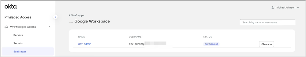 特権アカウントが「CHECKED OUT」と表示され「Check in」ボタンが出ている画面