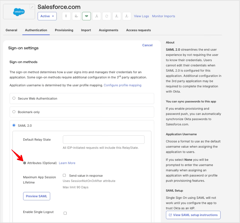Okta管理画面でSalesforce設定からAuthenticationタブを開いた画面です。