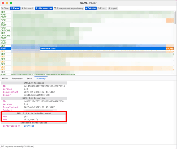 SAML TracerでAMR値を確認している画面です。