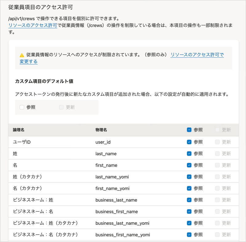 SmartHRで従業員項目のアクセス許可の設定画面上段です。
