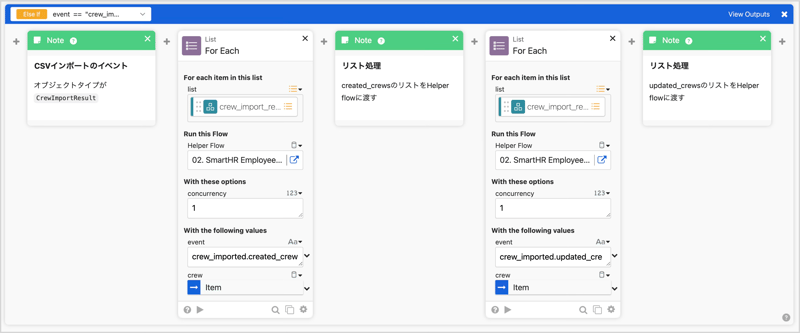 SmartHRのWebhookを受け取るOkta Workflowsのflowの後半部分で条件分岐をしている画面です。