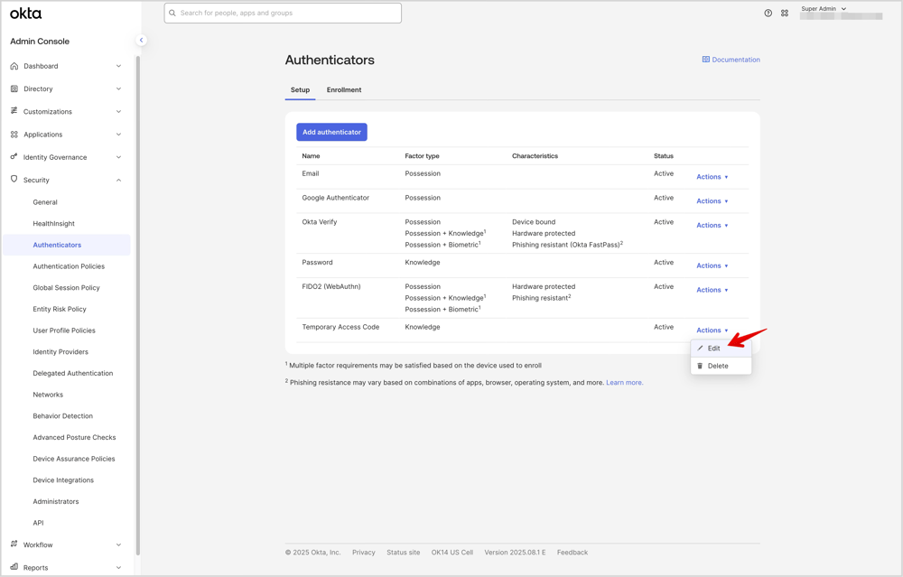 AuthenticatorからTACの編集をしています。