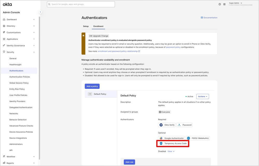 AuthenticatorsのEnrollmentでTACがOptionalであることを確認しています。