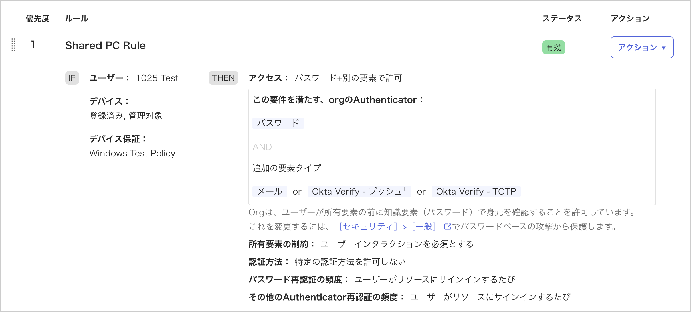 アプリサインインポリシーのルール。デバイスの条件が「登録済み」と「管理対象」、デバイス保証が Windows Test Policy、アクセスがパスワード+別の要素で許可になっている