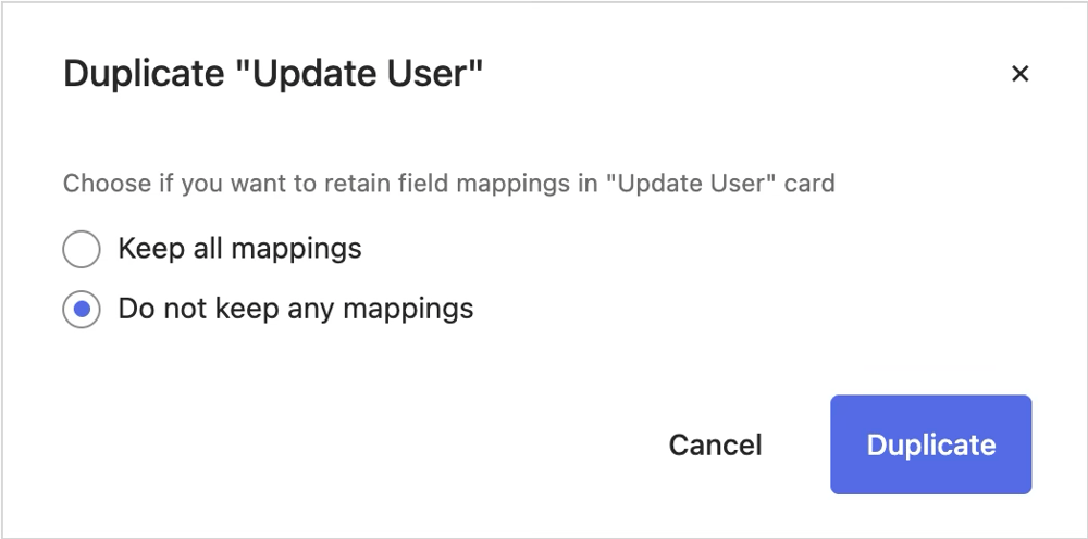 カード複製時に設定値をコピーするかを選択する画面