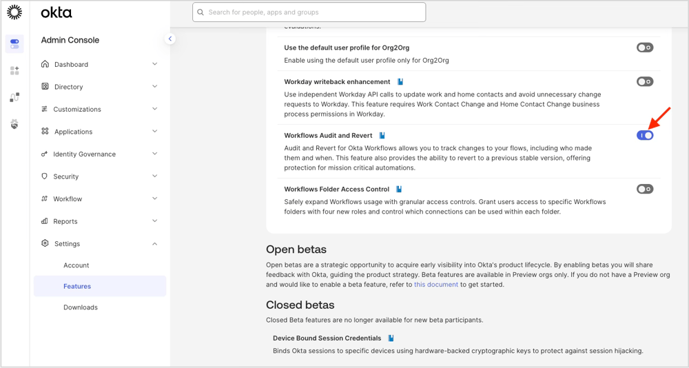Okta管理画面のSettings > Featuresで「Workflows Audit and Revert」を有効化するEarly Access設定画面