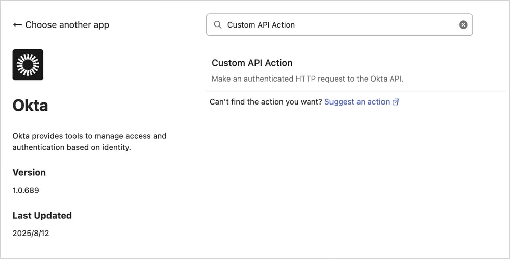 OktaカードのCustom API Actionカードです。