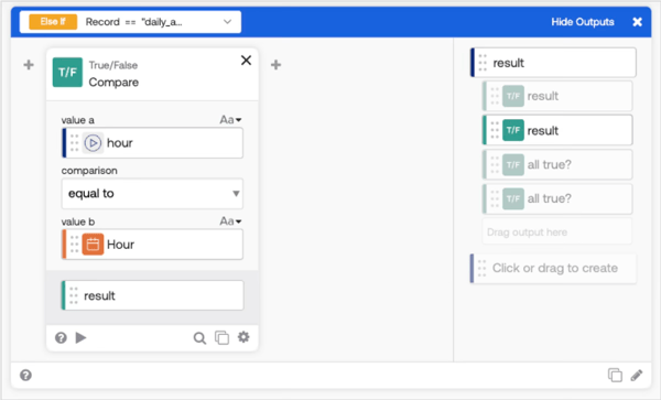schedule_type=daily_at_hour の実行条件判定（現在時刻のHourとテーブルのhourが一致するかをCompareで判定）