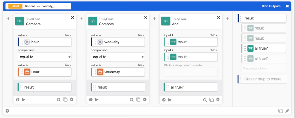 schedule_type=weekly_at_hour の実行条件判定（weekday一致とhour一致をCompareで判定し、ANDでまとめる）